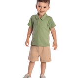 Conjunto infantil polo malha piquet bordado verde e bermuda sarja com elastano bege