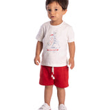Conjunto infantil camiseta malha estampada e bermuda piquetom vermelho