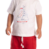 Conjunto infantil camiseta malha estampada e bermuda piquetom vermelho