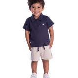 Conjunto infantil polo suedine marinho e bermuda piquetom cinza
