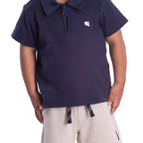Conjunto infantil polo suedine marinho e bermuda piquetom cinza