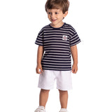 Conjunto infantil camiseta malha texturizada listrada marinho e bermuda sarja branco