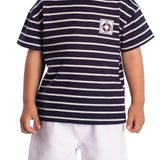 Conjunto infantil camiseta malha texturizada listrada marinho e bermuda sarja branco