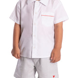 Conjunto infantil camisa branca e bermuda listrado azul claro tecido linho