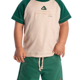 Conjunto infantil camiseta malha bege e bermuda moletinho verde