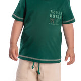 Conjunto infantil camiseta malha verde e bermuda moletinho gorgurinho bege