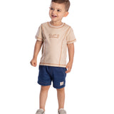 Conjunto infantil camiseta malha bordada bege e bermuda jeans