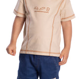 Conjunto infantil camiseta malha bordada bege e bermuda jeans
