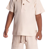 Conjunto infantil polo e bermuda malha canelada bege