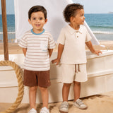 Conjunto infantil polo e bermuda malha canelada bege