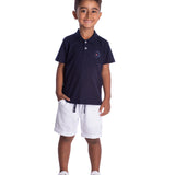 Conjunto infantil polo malha piquet marinho e bermuda malha texturizada off-white