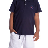 Conjunto infantil polo malha piquet marinho e bermuda malha texturizada off-white
