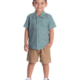 Conjunto infantil camiseta tecido xadrez verde e bermuda tecido ecológico cáqui