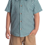 Conjunto infantil camiseta tecido xadrez verde e bermuda tecido ecológico cáqui