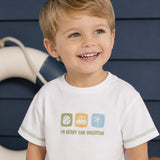 Conjunto infantil camiseta malha off-white estampada e bermuda sarja bege