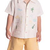 Conjunto infantil camisa linho bordada e bermuda sarja amarela
