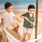 Conjunto infantil camisa linho bordada e bermuda sarja amarela