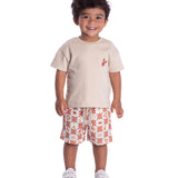 Conjunto infantil camiseta suedine bege e bermuda malha sarjada estampada