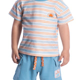 Conjunto infantil camiseta cotton listrada e bermuda moletinho azul clara