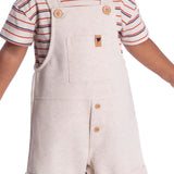 Conjunto camiseta cotton listrada e jardineira moletinho linho