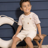 Conjunto camiseta cotton listrada e jardineira moletinho linho