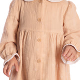 Vestido manga longa em tecido gaze bordado bege