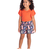Conj. blusa manga curta laranja + shorts marinho estampado