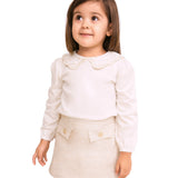 Conj. blusa manga longa gola bordada off white + saia-shorts tweed bege