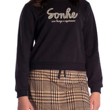 Conj. casaco moletom preto paetê + shorts-saia modal felpado