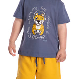 Conj. camiseta manga curta azul onça pintada + bermuda moletinho amarela