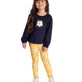 Conj. blusa manga longa marinho + calça legging malha modal amarela