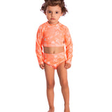 Conj. praia blusa cropped manga longa + calcinha conchas salmão