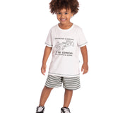 Conj. camiseta manga curta off white corrida + bermuda tecido ecológico listras verde