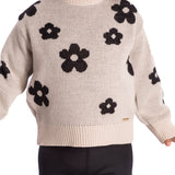 Conj. casaco tricô bege flores + legging cirrê flanelada preta
