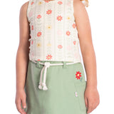 Conj. blusa regata floral + saia-shorts verde com bordado de flor