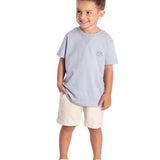 Conj. camiseta manga curta azul claro + bermuda sarja ecológica bege