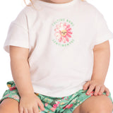 Conj. blusa manga curta off white + shorts estampado verde