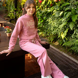 Conj. moletom casaco cropped + calça wide leg rosa