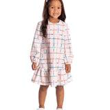 Vestido manga longa malha texturizada bege xadrez colorido