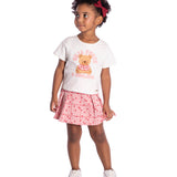 Conj. blusa manga curta ursinho + saia-shorts xadrez com pregas vermelha