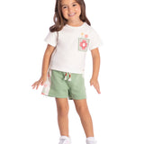 Conj. blusa manga curta bolso bordado + shorts verde floral
