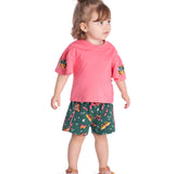 Conj. blusa manga borboleta rosa + shorts borboletas verde