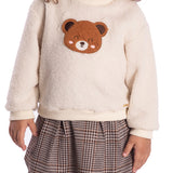 Conj. casaco em pelo bege + saia-shorts jacquard pied de poule marrom