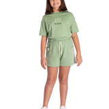 Conj. juvenil blusa manga curta bordada + shorts verde