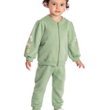 Conj. moletinho casaco zíper flores + calça verde