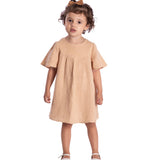 Vestido manga curta em tecido gaze bordado bege