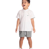 Conj. polo gola padre off-white + bermuda tecido ecológico