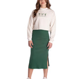 Conj. moletinho casaco cropped off white + saia midi verde militar