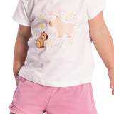 Conj. blusa manga curta off white capivara + shorts malva claro babadinhos