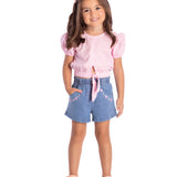 Conj. blusa manga curta bufante rosa + shorts jeans bordado